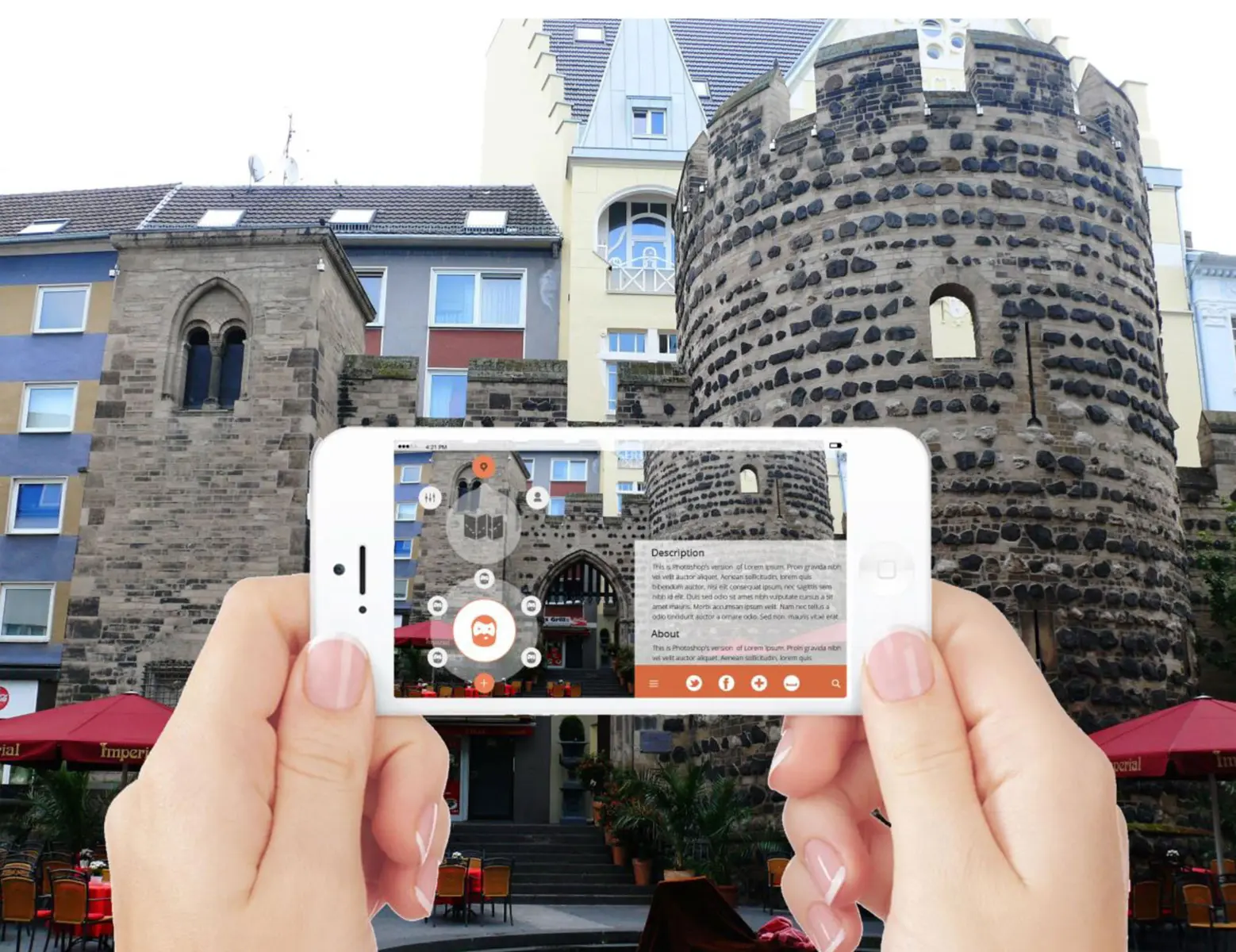 Augmented Reality Prototype at the Sterntor in Bonn, Germany Hands holding a smartphone showing an augmented reality (AR) interface overlay on the Sterntor city gate in Bonn, with digital UI elements and descriptive text superimposed on the historical landmark.